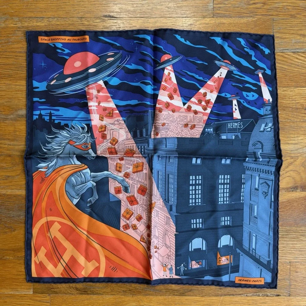HERMES Carre 45 Silk Scarf Space Shopping au Faubourg Authentic Pocket Square